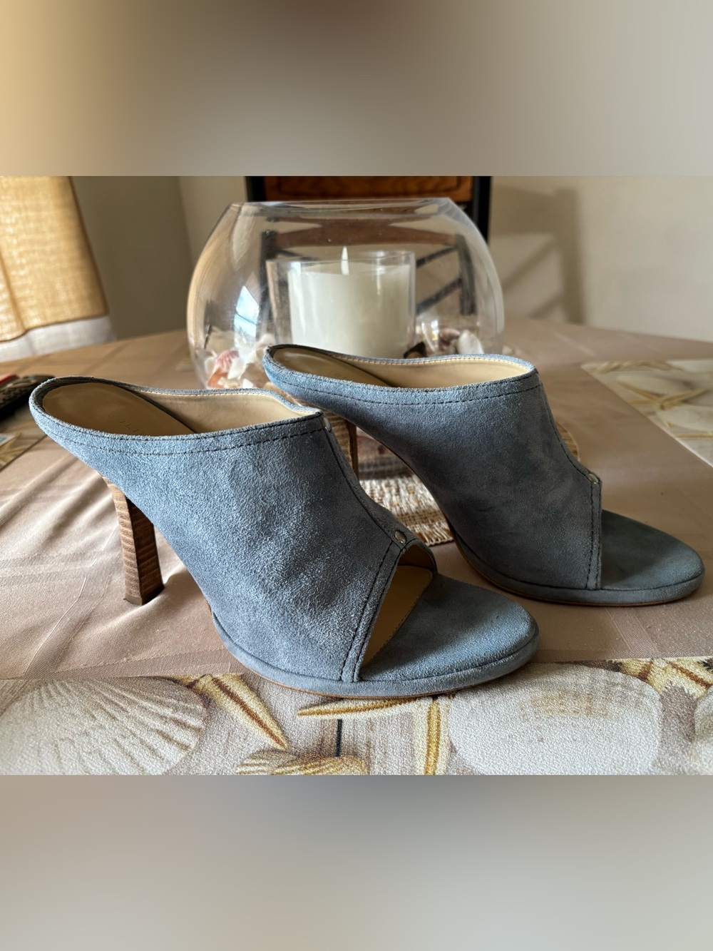 Blue Suede Open-Toe Mule Heels